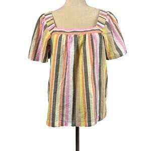 Ann Taylor Loft Cotton Square Neck Flutter Short Sleeve Pastel Stripe Blouse LP